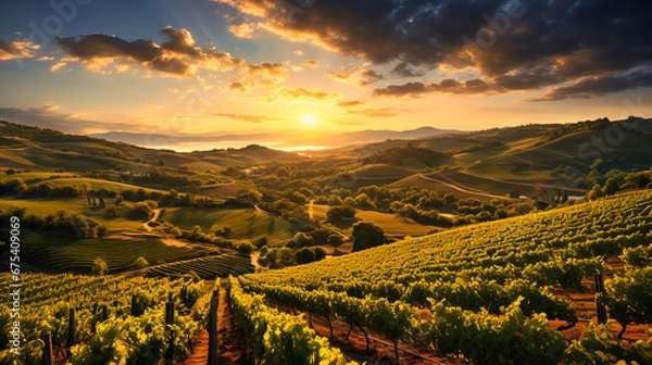 Obraz Sunset over rolling vineyards, Wine country, Rows of grapevines bathed in warm light