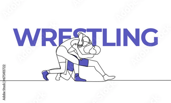 Fototapeta Single continuous drawing of two men fighting. Wrestling. Sport. Colored elements and title. One line vector illustration