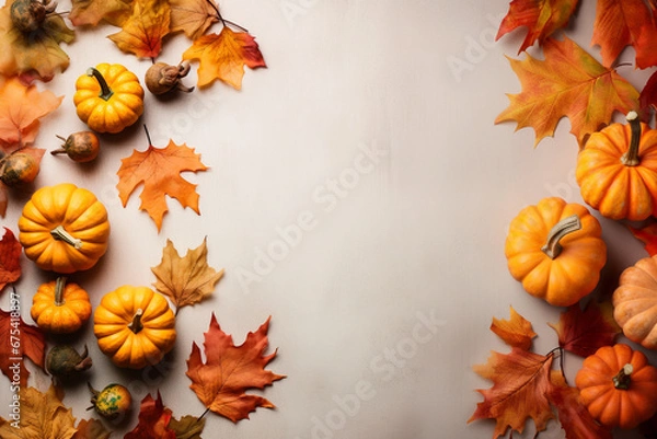 Fototapeta orange pumpkins harvest with fall leaves and berries frame on blue table with copy space