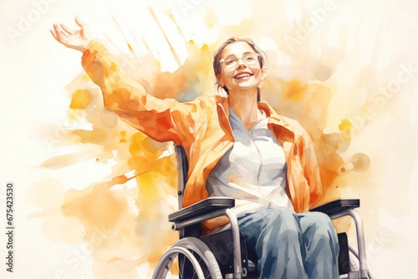 Fototapeta woman in the park. happy woman in glasses sitting in wheelchair widening arms on isolated white background. Illustration. 