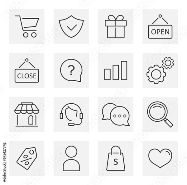 Fototapeta Ecommerce icon, Shopping icon set. Сollection of web icons for online shop, such as discount, delivery