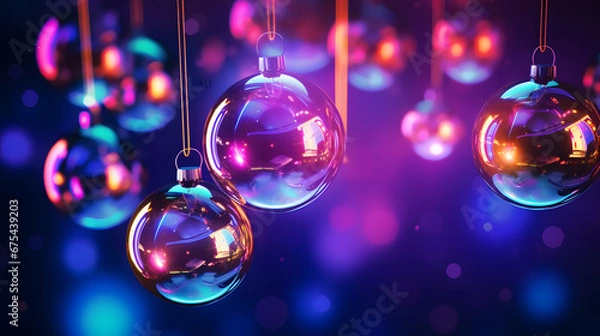 Fototapeta 3D rendering of glass christmas baubles against a purple background. Christmas ornaments on a Christmas tree with bokeh neon pink and blue lights.