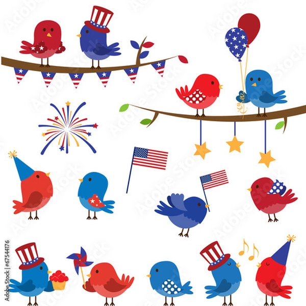 Obraz Set of Patriotic Fourth of July Themed Cartoon Birds