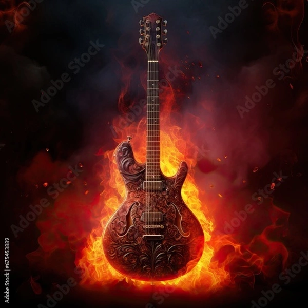 Fototapeta Professional Close-up Photo of a Guitar in Flames Emanating Smoke in a Simple Black Room.