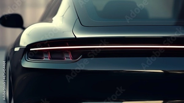 Fototapeta Professional Photo of a Black Futuristic Car Parked in a Dark Parking Lot. Close up of the back of a Luxurious and Expensive Sport Car. Glowing Red Lights of the Car.