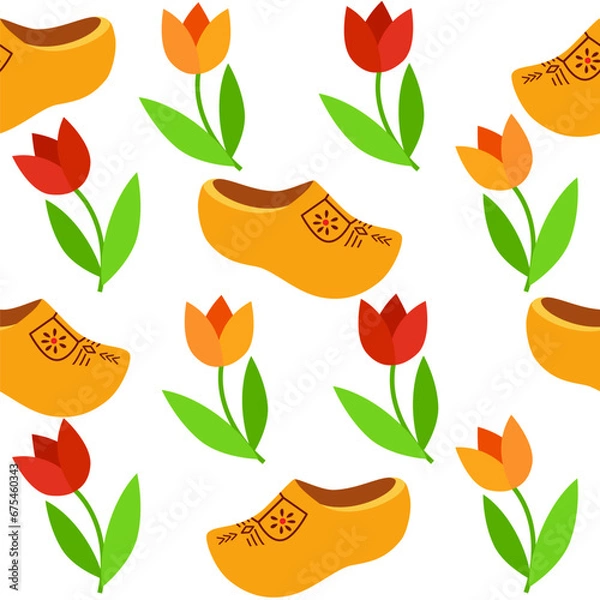 Obraz Seamless background with Dutch wooden shoe. Traditional Dutch klomp shoes and tulips.