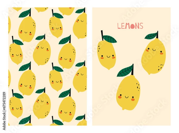 Fototapeta set of cards design and seamless patterns with cute fresh lemons . Summer print with Lemon. Cute print for fabric or wallpaper. Cute fruit character illustration