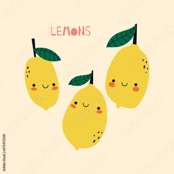 Fototapeta Hand drawl summer print with Lemon. Vector Lemon - character. Cute print for fabric or wallpaper.
