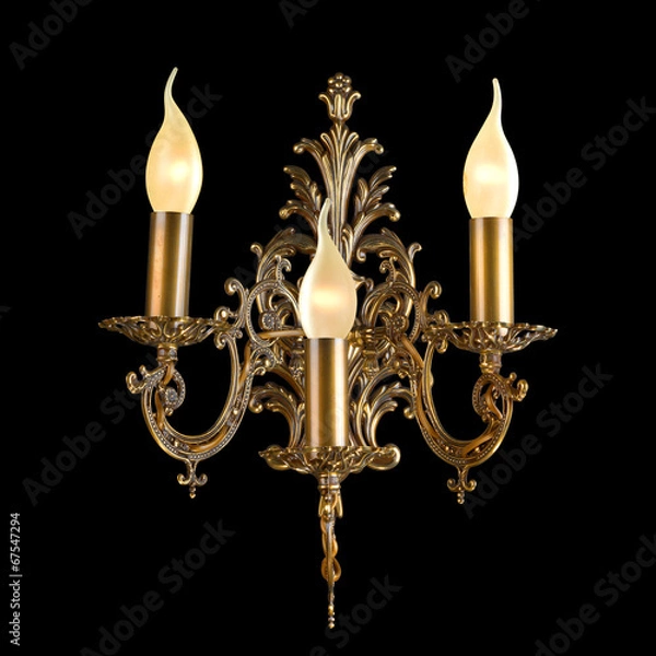 Fototapeta Ornamental vintage wall lamp isolated on black with clipping pat