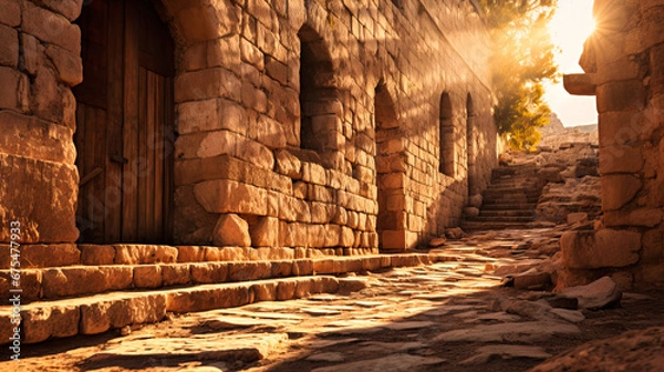 Fototapeta Sunlight casting shadows on ancient, weathered stone structures