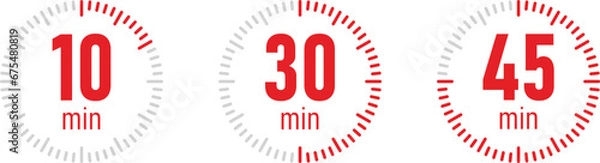 Fototapeta The 10, 30 and 45 minutes, stopwatch vector icon. Stopwatch icon in red flat style, 10, 30, 45 minutes timer on on color background. Vector illustration