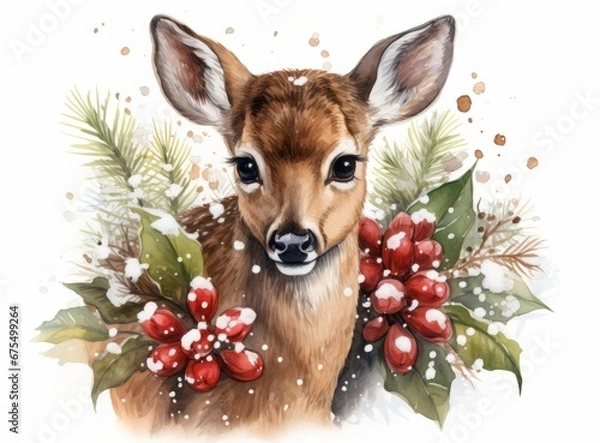 Fototapeta Christmas greeting card in vintage style. Watercolor drawing of a cute deer in snow-covered branches with berries.