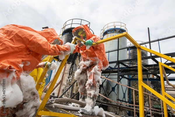 Fototapeta Firefighters in protective chemical suits respond to an explosion and fire of flammable liquids in a chemical factory