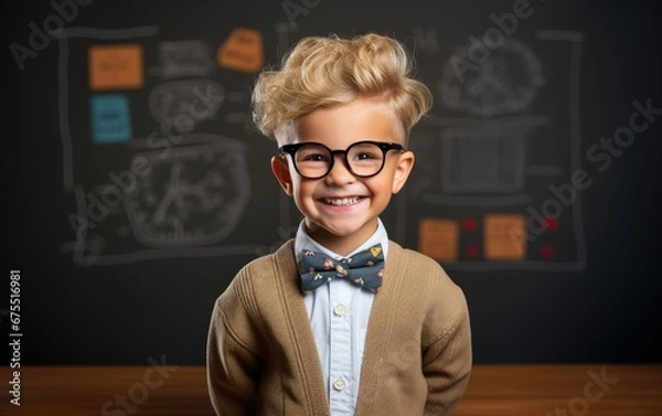 Fototapeta Portrait of little boy dressed as senior teacher in front of blackboard