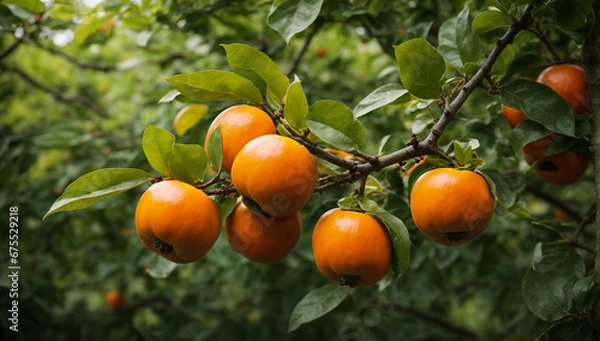 Fototapeta An image of a persimmon tree with vivid orange fruit against a backdrop of green foliage - AI Generative