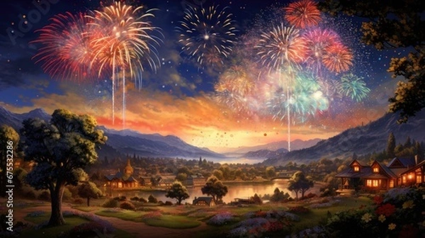 Fototapeta  a painting of fireworks in the sky over a lake with houses and trees in the foreground and mountains in the background.  generative ai