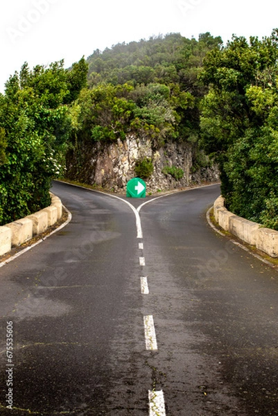Obraz A forked or Y-intersection or junction where you have to turn right. A road in the mountains on Santa Cruz de Tenerife, Spain. 