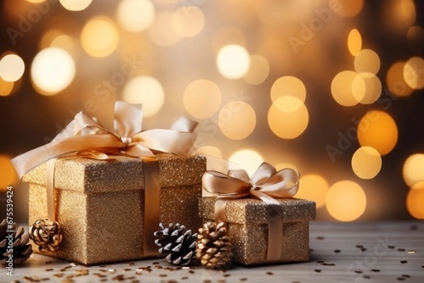 Fototapeta Golden gift boxes and pine cones on a blurred festive background, Christmas, Generative AI