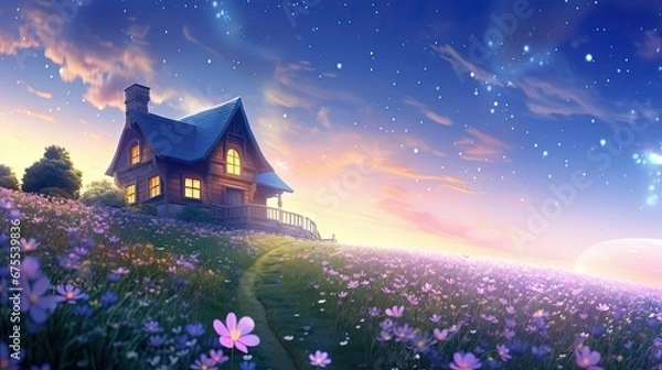 Fototapeta small house on flower field hill with starry dawn sky, Generative Ai