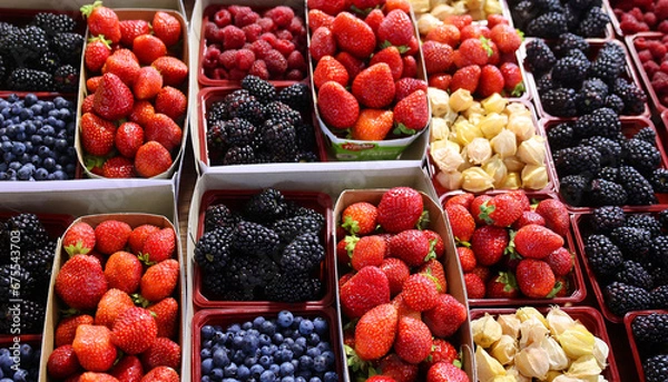Fototapeta Fresh Fruit in farmer market. Various colorful fresh fruits on stall.