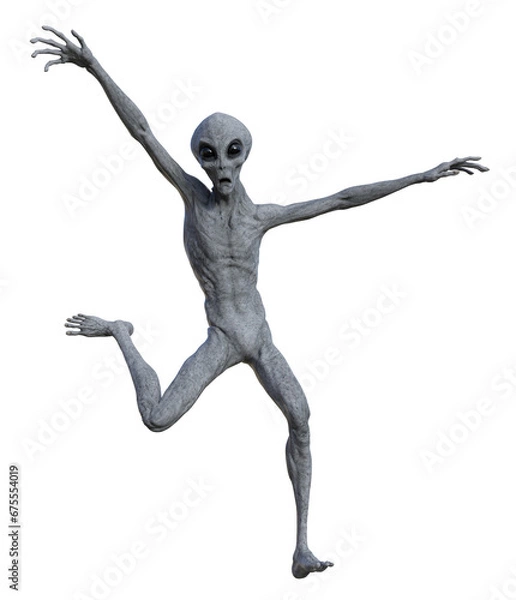 Obraz Illustration of a gray alien with arms up and leg outstretched backwards acting goofy while isolated on a white background.