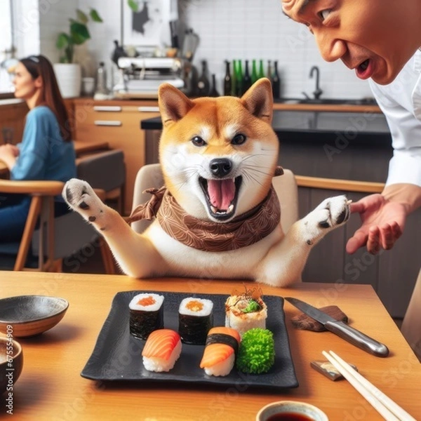Fototapeta shiba inu dog customer is angry with sushi and arguing with chef in restaurant generative ai