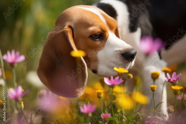 Obraz Beagle in flower meadow