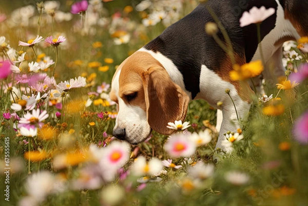 Obraz Beagle in flower meadow