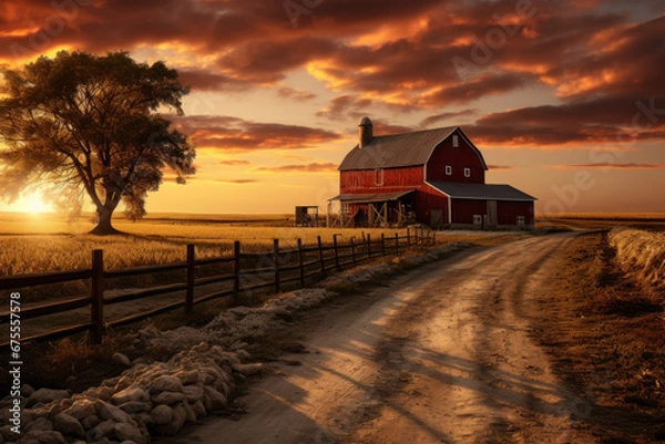 Fototapeta A rural farm bathed in the warm hues of a setting sun, symbolizing the end of a hard day's work. Concept of agriculture and simplicity. Generative Ai.