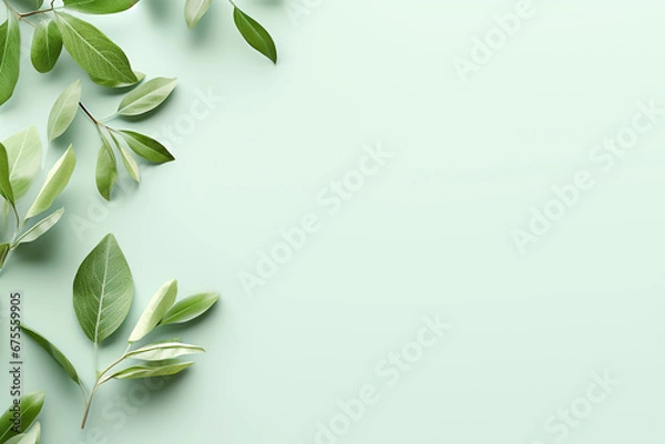 Fototapeta Fresh green leaves scattered on a green background. Flat lay. Top view of leaf. Nature concepts	