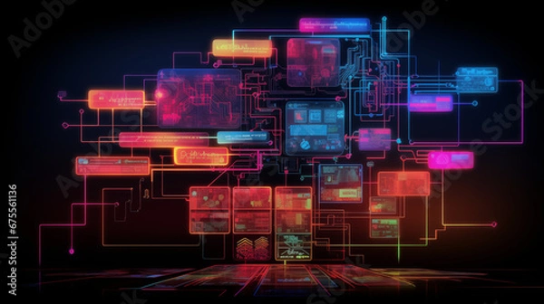 Obraz Software Development Team Configuration Diagram, Side view, Metallic light, Nodes Matrix NoSQL Database Programming Diagram made with Generative AI