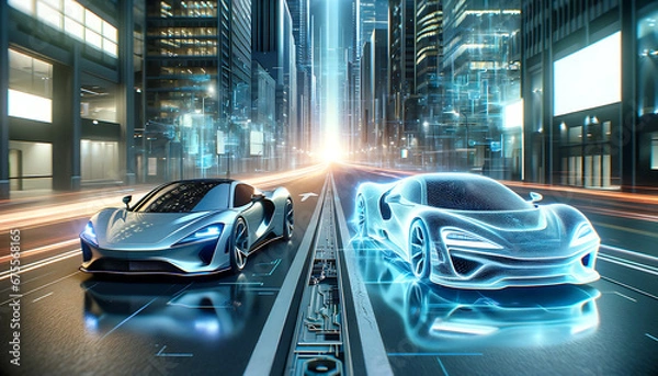 Fototapeta Digital twin concept of car. Wireframe rendering of sport car and mirrored physical body side by side. Vehicle 3d rendering and holographic representation on a futuristic urban background.