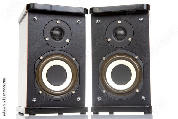 Fototapeta two stereo audio speakers on a white background. sound and media