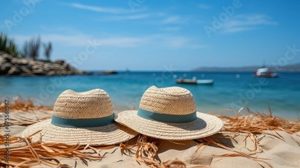 Fototapeta A pair sun hat resting on the sand