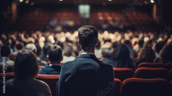 Fototapeta A speaker giving a lecture to an audience in an auditorium, seen from behind, emphasizing the seminar's engaging atmosphere.