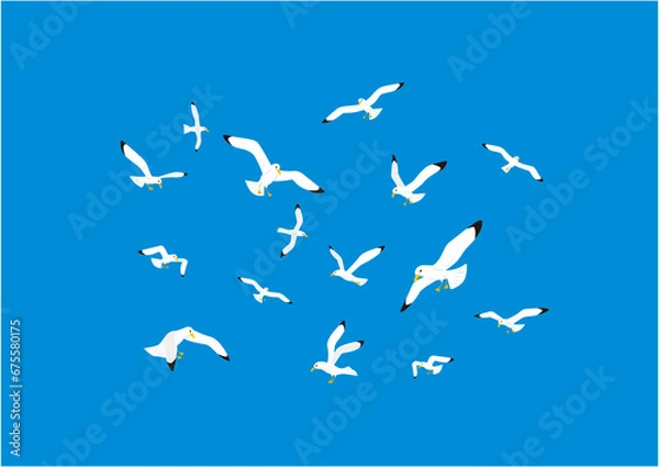 Fototapeta 群れで飛ぶカモメの切り絵風デザインイラスト
