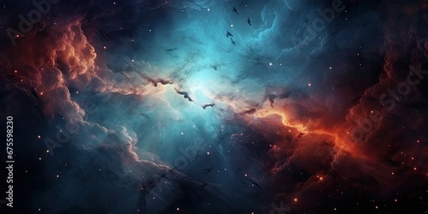 Fototapeta Illustration of a space cosmic background of supernova nebula and stars. Glowing mysterious universe.