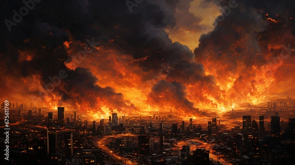 Obraz 燃える町　油絵風イラスト素材