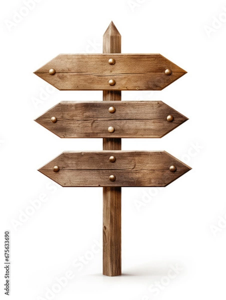 Fototapeta wooden signboard post with three arrows pointing in different directions Isolated on a white background