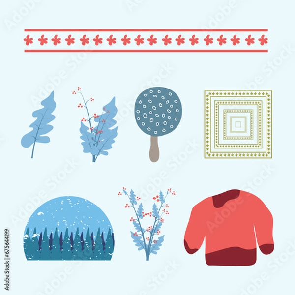Obraz Vector collection of decorative winter elements. Winter Holiday. Winter elements design, winter set, Illustration of Different Items Commonly Worn on Winter