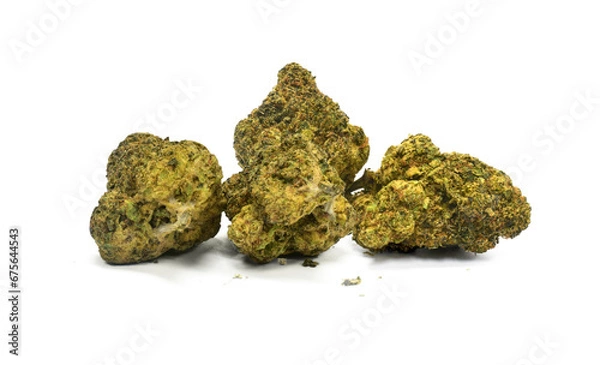 Obraz Close-up of cannabis flower bouquet, clearly visible details separated from the background, cut background png, dried cannabis flower with flowers and transparent background shadow.