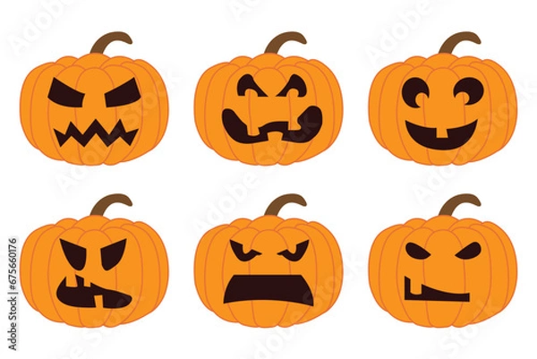Fototapeta Collection of Halloween pumpkin in flat design on white background. Happy Halloween set.