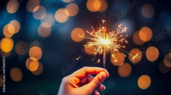 Fototapeta Woman hand holding sparkler on bokeh background. New Year and Christmas concept