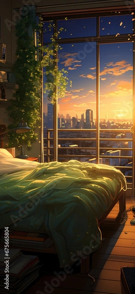 Obraz A cosy small bedroom with sunset shining through the window in the evening