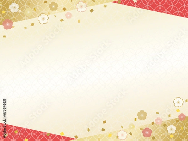 Obraz 和風の背景素材、金と赤の華やかな紙吹雪の枠、年末年始やお正月のバナーに
