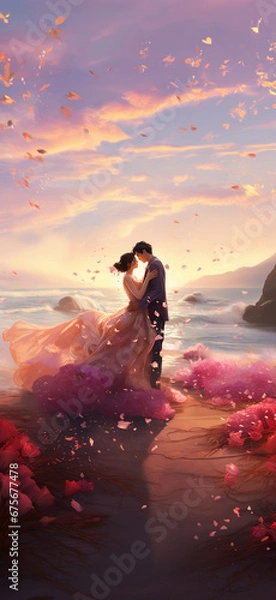 Obraz A sweet couple embrace and hug each other at seaside