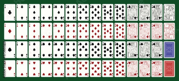 Fototapeta Poker playing cards, a full deck of 52 cards and back side. Set  of Ace King Queen Jack Spades Hearts Diamonds and Clubs. Vector line illustration.