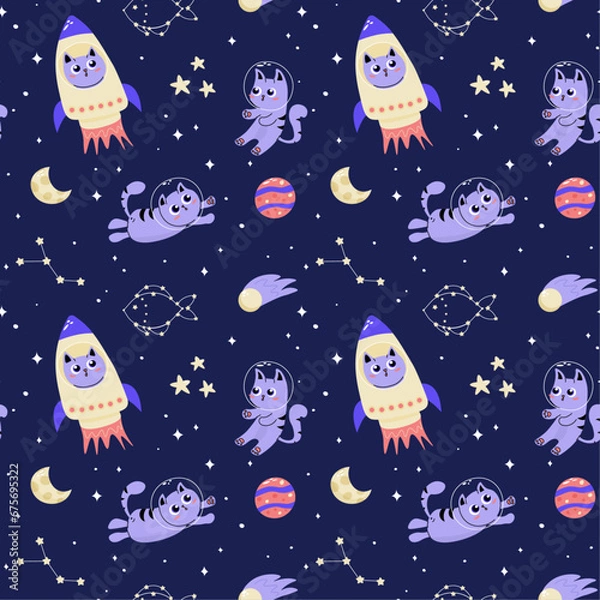 Obraz Seamless pattern of cute cats in space