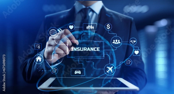Fototapeta Insurance Insurtech. Businessman pressing button on screen.