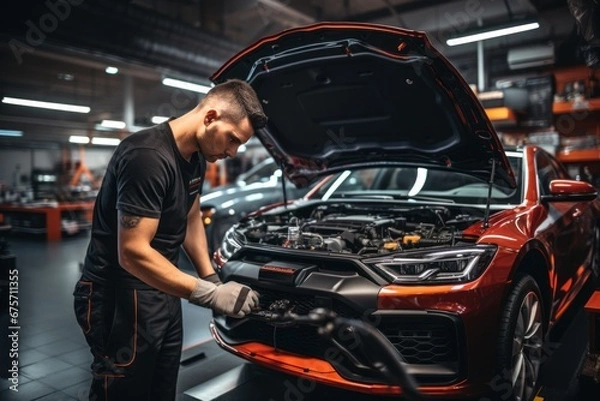 Obraz Auto mechanic working in garage. Concept banner car repair service,